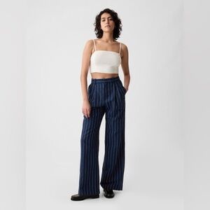 Gap 365 High Rise Linen-Cotton Trousers, Navy Pinstripe, Size 6 Tall – Pre-Loved